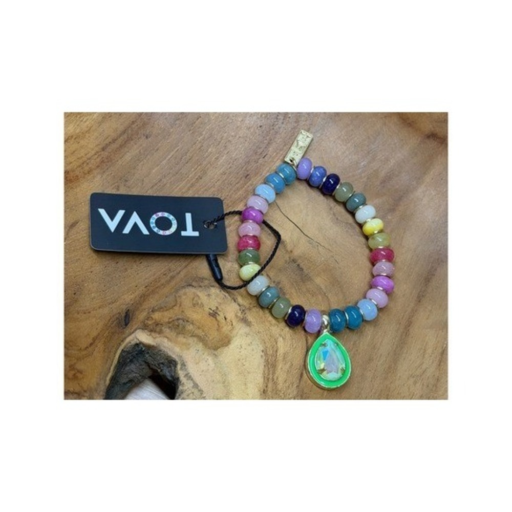 TOVA Dakota Multicolor Stone Stretch Bracelet Mintβ Green Teardrop Charm NWT
